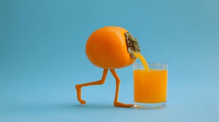 Funny persimmon character pouring juice into a glass creative food concept healthy eating and lifestyle