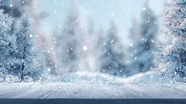 Winter wonderland scene with snow falling gently onto a rustic wooden table, perfect for festive product displays and cozy holiday themes. - Powered by Adobe