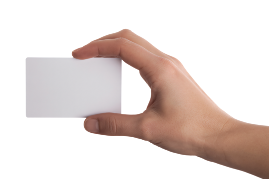 Professional hand presenting a blank white card for branding or identification, perfect for business and marketing mockups