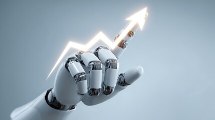 Robotic hand pointing to an upward trending arrow concept for artificial intelligence growth business success and technological advancement