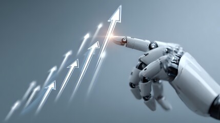 Robot hand touching a rising arrow symbolizing growth and success for business and technology concepts