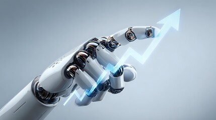 Robotic hand pointing to an upward trending arrow representing growth and progress suitable for technology and business presentations