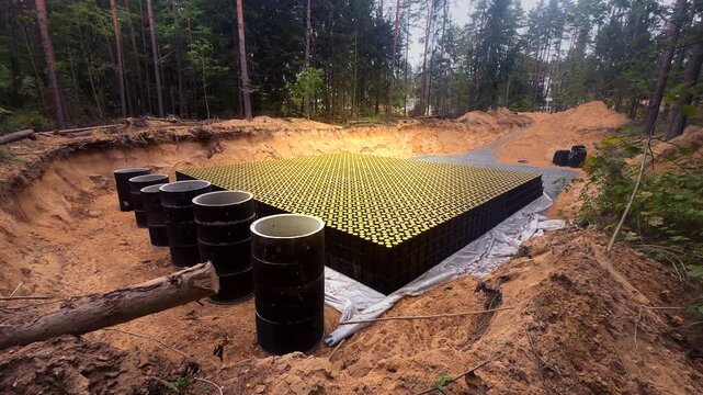 Infiltration system for treatment wastewater. Stormwater infiltration systems construction. Homeseptic. Rainwater Collection. Wastewater treatment system. Infiltration Underground Water Storage Tank. 