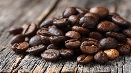 Rich, aromatic coffee beans piled high on rustic wooden table, perfect for morning energy and cafe branding