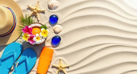 A vibrant flat lay of summer beach essentials including a straw hat, blue flipflops, sunblock, seashells, starfishes, and a coconut bowl filled with tropical flowers, arranged on wavy sand