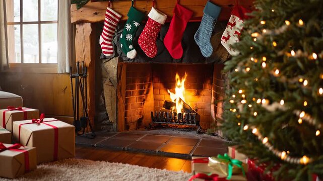 A cozy Christmas morning scene in a rustic living room. A fireplace blazes beneath a mantle with six stockings, surrounded by many wrapped presents and a brightly lit.