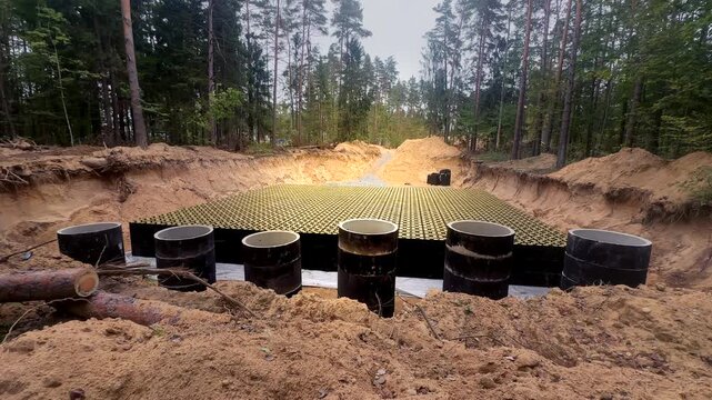 Infiltration system for treatment wastewater. Stormwater infiltration systems construction. Homeseptic. Rainwater Collection. Wastewater treatment system. Infiltration Underground Water Storage Tank. 