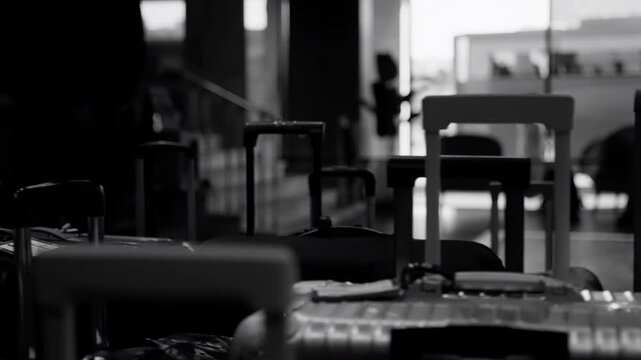 Monochrome airport terminal scene with stacked rolling suitcases and luggage trolleys as silhouetted travelers wait near check-in, morning light filtering through glass