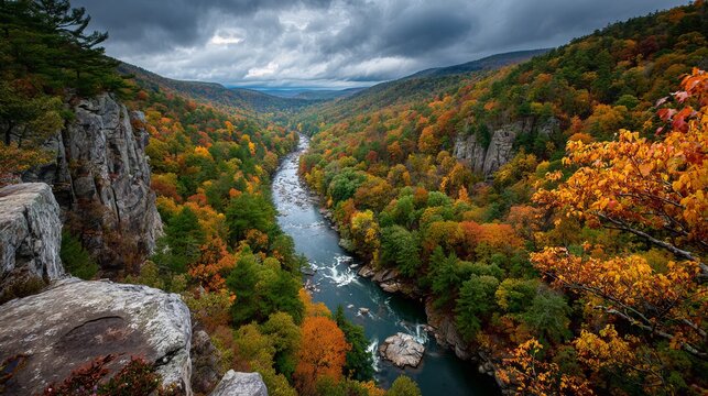 Breathtaking autumn vista reveals a winding river through vibrant, colorful forests under dramatic, cloudy skies from a rocky overlook