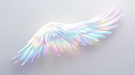 A beautiful iridescent angel wing shimmers with pastel colors, , creating a magical and ethereal fantasy vibe
