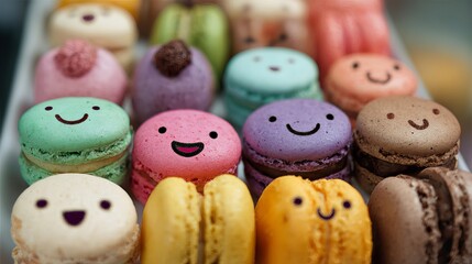 Delightful assortment of colorful macarons with adorable happy faces, perfect for sweet treats and joyful occasions.