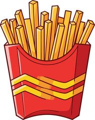 French fries cartoon illustration, red container with yellow stripes, crispy golden snack, fast food vector, tasty side dish design