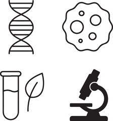Isolated Biotechnology Icons black vector set, DNA cell structure lab icons, bio science research symbols, minimal outline filled thin stroke, molecular genetics vector design symbols