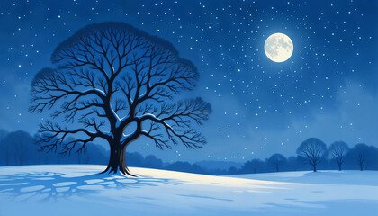 Winter landscape with a bare tree under the moonlight at night  