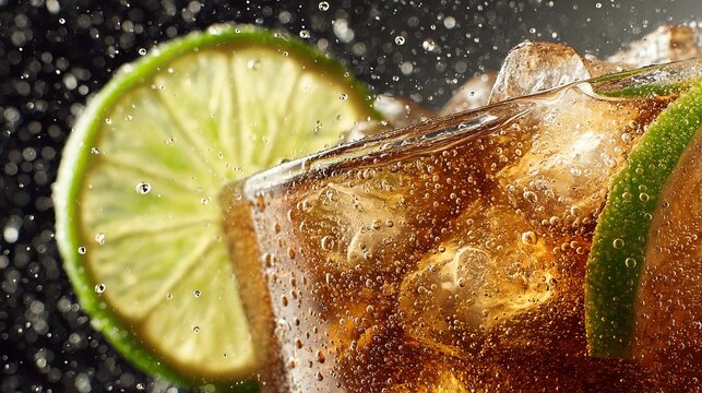 Refreshing iced cola with vibrant lime slices and bubbling effervescence, perfect for summer refreshment and advertising.