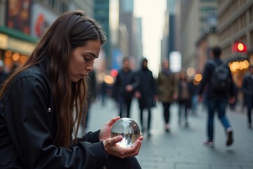 A psychic surrounded by a diverse crowd in a busy city square, focused on crystal ball.