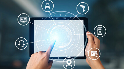 Online car rental service with booking, GPS, key handover and vehicle sharing icons representing modern mobility, travel convenience and digital rental platforms. Gist