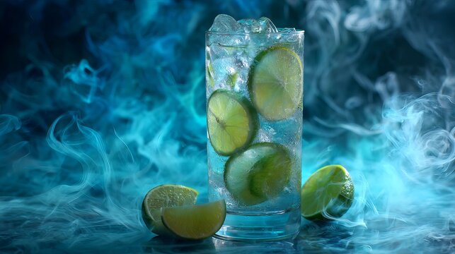 Refreshing gin tonic cocktail with ice and lime slices, surrounded by atmospheric blue smoke for a cool, sophisticated vibe.