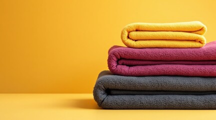 Stack of soft terry towels of different colors on a yellow background, a symbol of cleanliness, comfort and hygiene for bathroom and spa