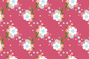 Seamless pattern with delicate flowers, leaves on bright pink pastel background Perfect for textile, wrapping, and stationery design. Summer spring mood