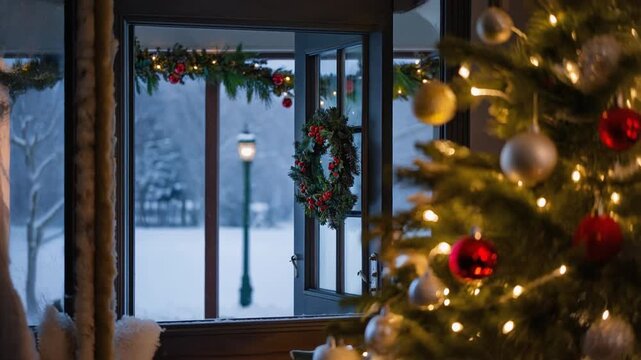 
A close-up shot from inside, looking out a beautifully framed, partially open glass door decorated with a Christmas wreath and garland. A blurred Christmas tree is in the foreground.