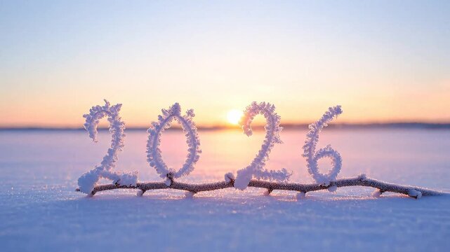 
A clean, minimalist shot of a snowfield at dawn. The year "2026" is formed by frost-covered twigs, catching the sunrise glow.