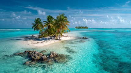 Escape to paradise with a stunning tropical island getaway featuring crystal clear turquoise waters and lush palm trees creating an idyllic beach scene