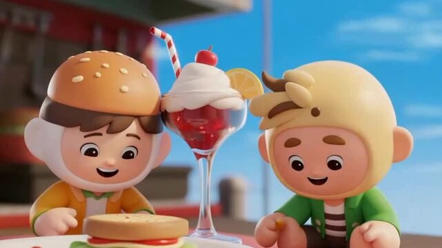 an animation of a cute character eating a hamburger