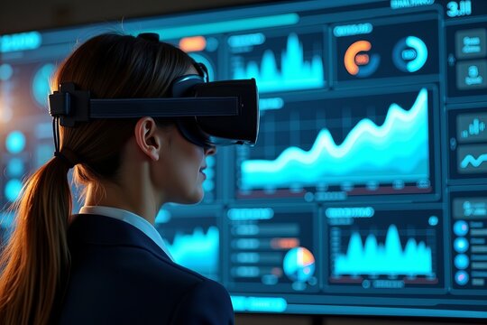 Virtual Reality Business Executive Reviewing Data Analytics Dashboard