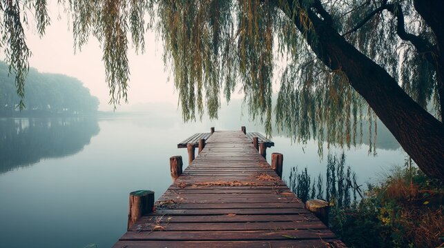 Tranquil wooden pier extending into a misty, serene lake framed by weeping willow branches, evoking peace and nature's embrace.
