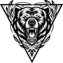 Roaring bear head illustration, black and white tribal emblem, symmetrical foliage triangle frame, wild animal tattoo vector, strength and wilderness design