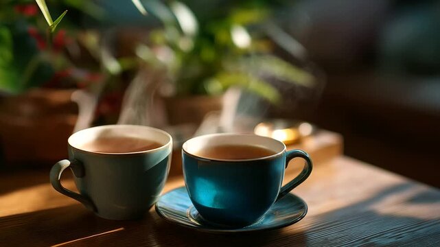 Faceless close-up of steaming tea cups on the table after goodbye, cozy warm tones and shallow depth of field, with copy space.