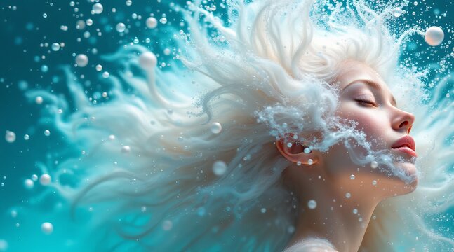 A captivating portrait of a woman with flowing white hair, immersed in a cascade of water and bubbles, creating a serene and ethereal atmosphere