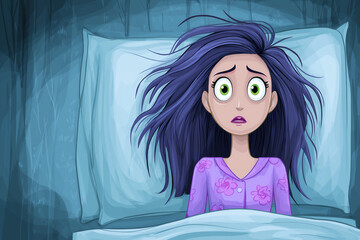 Young woman with long dark hair looks surprised while lying in bed, surrounded by dark shadows, conveying a sense of fear and anxiety at night