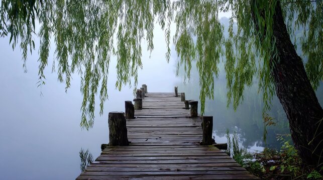 Tranquil wooden pier extends into misty lake under weeping willow branches creating serene, atmospheric landscape for peaceful reflection