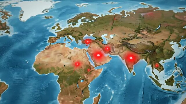 Global map showing red glowing hotspots indicating a potential worldwide crisis or outbreak across continents