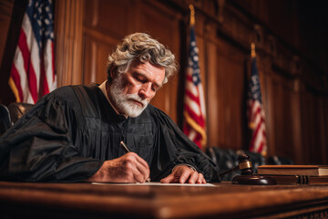 Obraz premium A judge is writing on a piece of paper in a courtroom