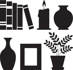 Shelf Decor Silhouette with Books Candle Vase Frame and Potted Plant