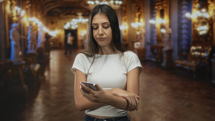 Young woman holding smartphone with arms crossed in museum building and looking at phone screen;...
