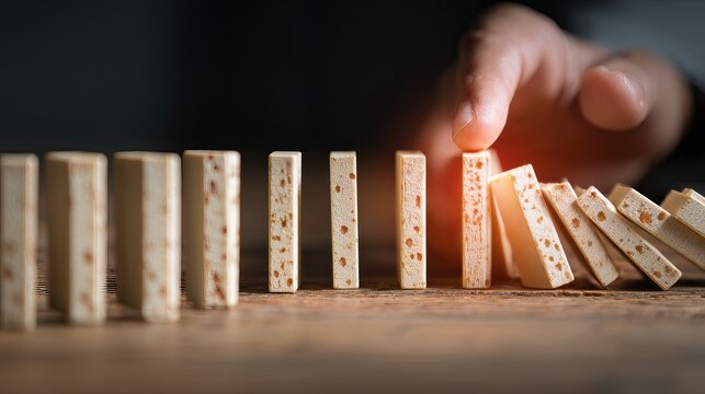 Proactive finger stops domino effect cascade, preventing chaos and demonstrating decisive control over impending crisis