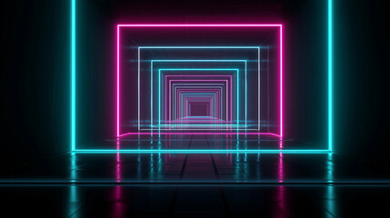 Futuristic neon light tunnel, glowing magenta and cyan lines, perspective depth, 3D motion, high-contrast lighting.