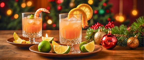 Two festive tropical cocktails with citrus slices and shrimp garnish sit on wooden plates surrounded by limes, lemons, and Christmas ornaments, set against a warm holiday background with glowing light