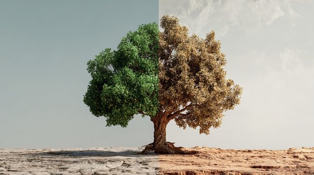 Vibrant green and dry brown tree symbolizing growth versus decay, flourishing life against harsh drought conditions