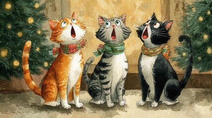 three cute cats standing in a row, one is orange and white calico, one is gray tabby and one is black, singing christmas carols, near a christmas tree, in the style of watercolor paint 