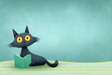Playful black cat with large yellow eyes reading a green book on a striped surface, surrounded by a soft, calming background, perfect for whimsical designs