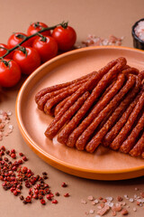Smoked cabanossi, thin salami sausage, meat sticks, or snacks. Cabanossi sausage