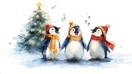 three cute penguins standing in a row, singing christmas carols, near a christmas tree, in the style of watercolor paint  