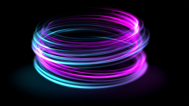 Glowing neon spiral pattern, rotating light trails in magenta and cyan colors, dynamic abstract design, 3D depth, black background.