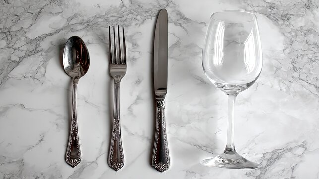 Elegant silverware and wine glass set on a luxurious marble surface, ready for a sophisticated dining experience.