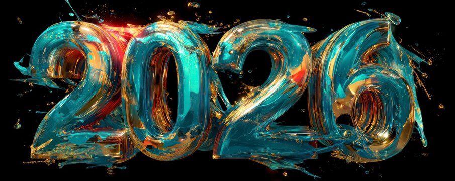 A bold, futuristic graphic of the numbers 2026 made of flowing liquid metal in the color Transformative Teal, splashed with abstract sparks